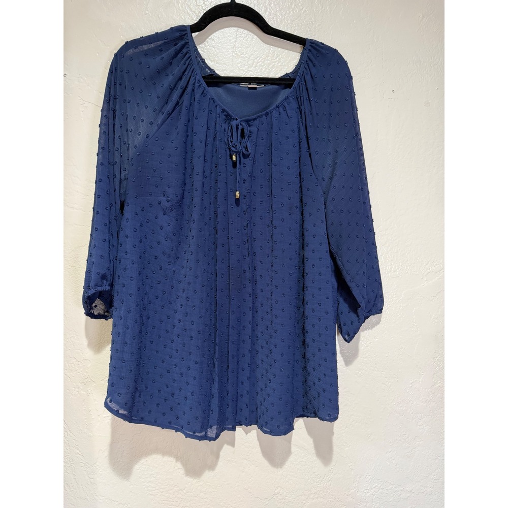 Roz & Ali Womens Plus 1X Navy Blue Swiss Dot Chiffon Blouse Tie Neck 3/4 Sleeve
